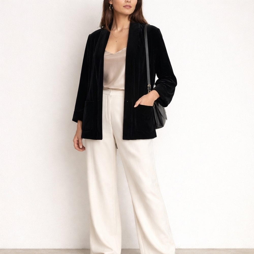 Eileen Fisher Velvet Open Front Cardigan Silk Blend Jacket Minimalist Luxe Layer